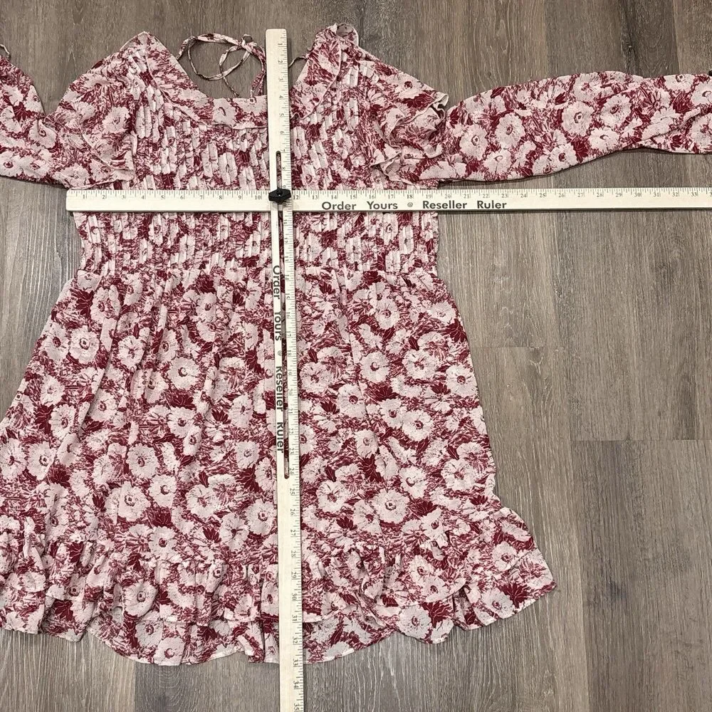 Free People Floral Mini Dress Small Red White Pleated Ruffle Hem Boho Festival